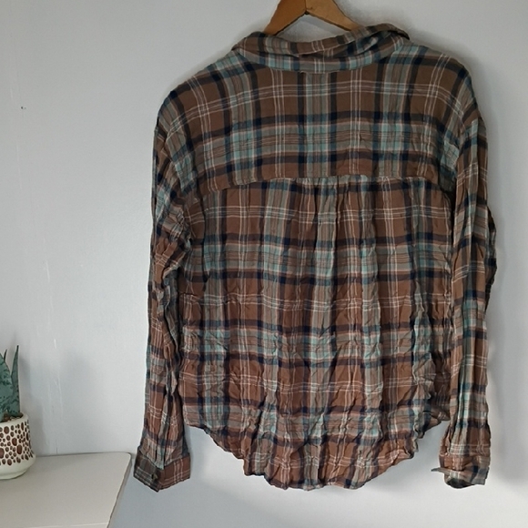 Ee:Some Brown Blue Plaid Button Up Shirt Women’s Small Rayon Boho Top Cottage - Picture 8 of 9
